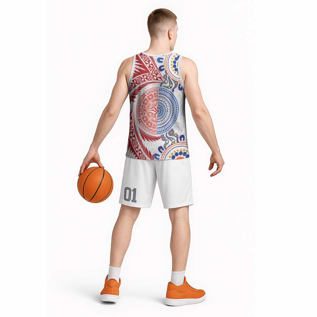 Tongan and Australian Culture Together Basketball Jersey Ngatu Art Tribal Aboriginal Tattoo Pattern - Polynesian Pride