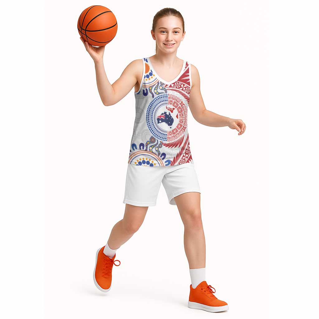 Tongan and Australian Culture Together Basketball Jersey Ngatu Art Tribal Aboriginal Tattoo Pattern - Polynesian Pride