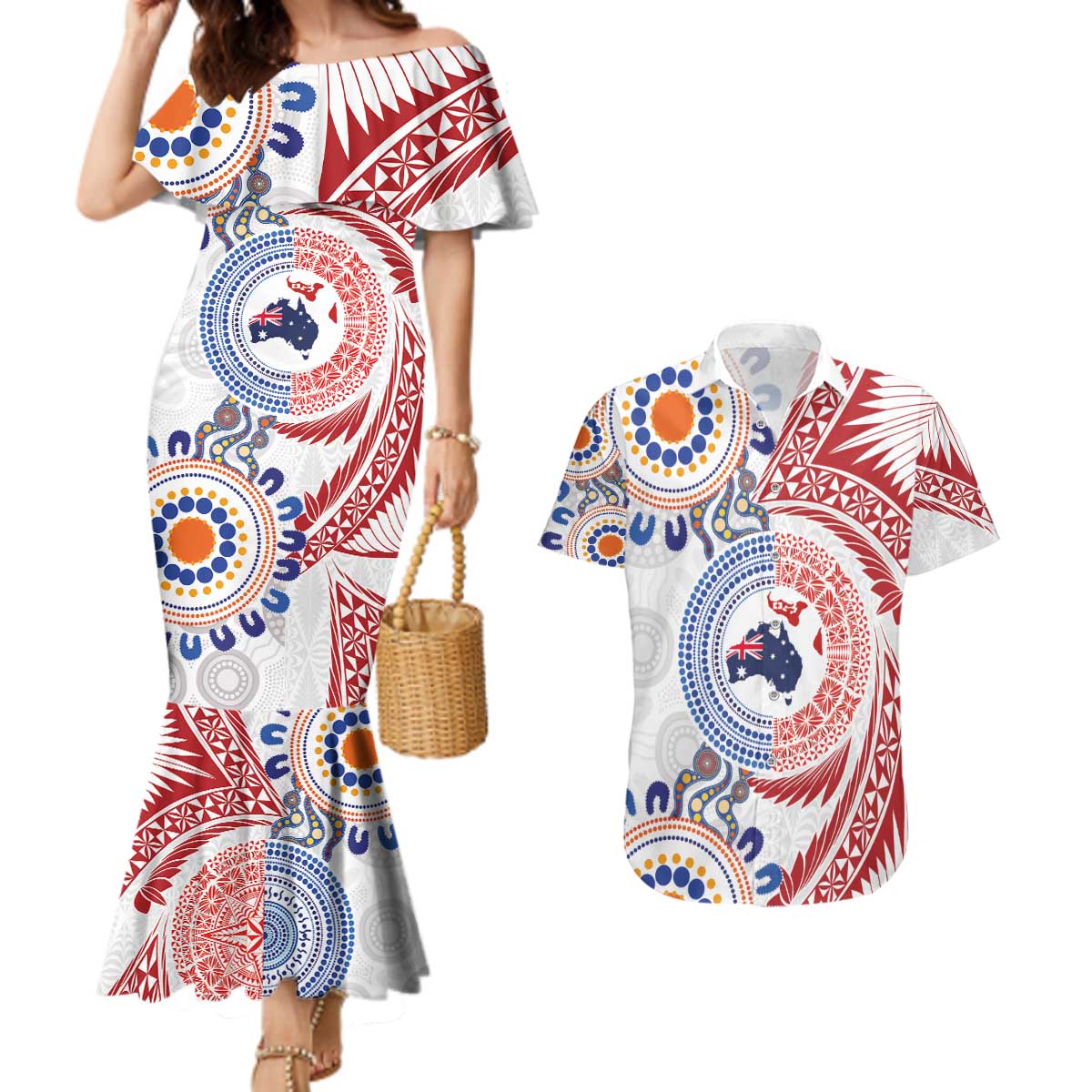 Tongan and Australian Culture Together Couples Matching Mermaid Dress and Hawaiian Shirt Ngatu Art Tribal Aboriginal Tattoo Pattern LT03 White - Polynesian Pride