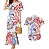 Tongan and Australian Culture Together Couples Matching Mermaid Dress and Hawaiian Shirt Ngatu Art Tribal Aboriginal Tattoo Pattern LT03 White - Polynesian Pride