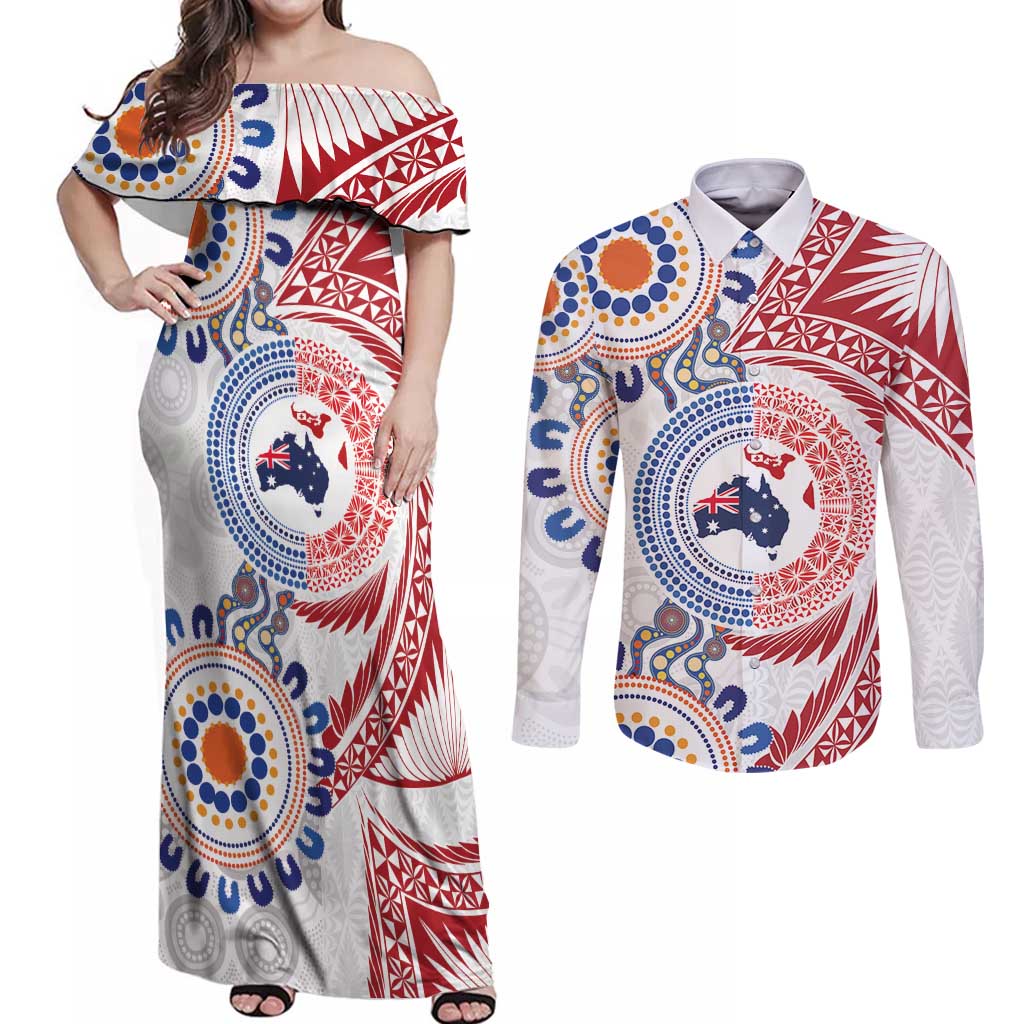 Tongan and Australian Culture Together Couples Matching Off Shoulder Maxi Dress and Long Sleeve Button Shirt Ngatu Art Tribal Aboriginal Tattoo Pattern LT03 White - Polynesian Pride