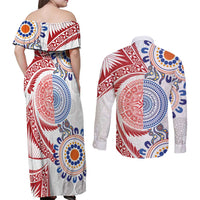 Tongan and Australian Culture Together Couples Matching Off Shoulder Maxi Dress and Long Sleeve Button Shirt Ngatu Art Tribal Aboriginal Tattoo Pattern LT03 - Polynesian Pride