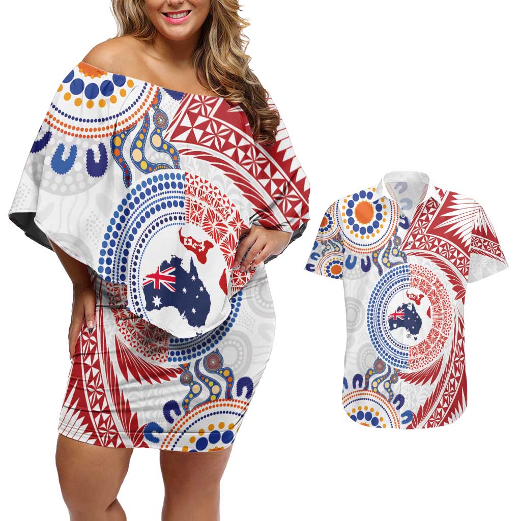 Tongan and Australian Culture Together Couples Matching Off Shoulder Short Dress and Hawaiian Shirt Ngatu Art Tribal Aboriginal Tattoo Pattern LT03 White - Polynesian Pride