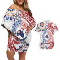 Tongan and Australian Culture Together Couples Matching Off Shoulder Short Dress and Hawaiian Shirt Ngatu Art Tribal Aboriginal Tattoo Pattern LT03 White - Polynesian Pride