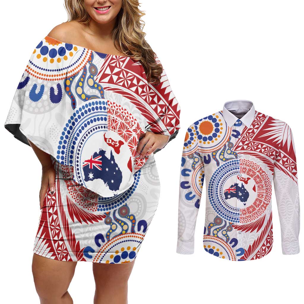 Tongan and Australian Culture Together Couples Matching Off Shoulder Short Dress and Long Sleeve Button Shirt Ngatu Art Tribal Aboriginal Tattoo Pattern LT03 White - Polynesian Pride