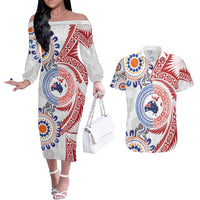 Tongan and Australian Culture Together Couples Matching Off The Shoulder Long Sleeve Dress and Hawaiian Shirt Ngatu Art Tribal Aboriginal Tattoo Pattern LT03 White - Polynesian Pride
