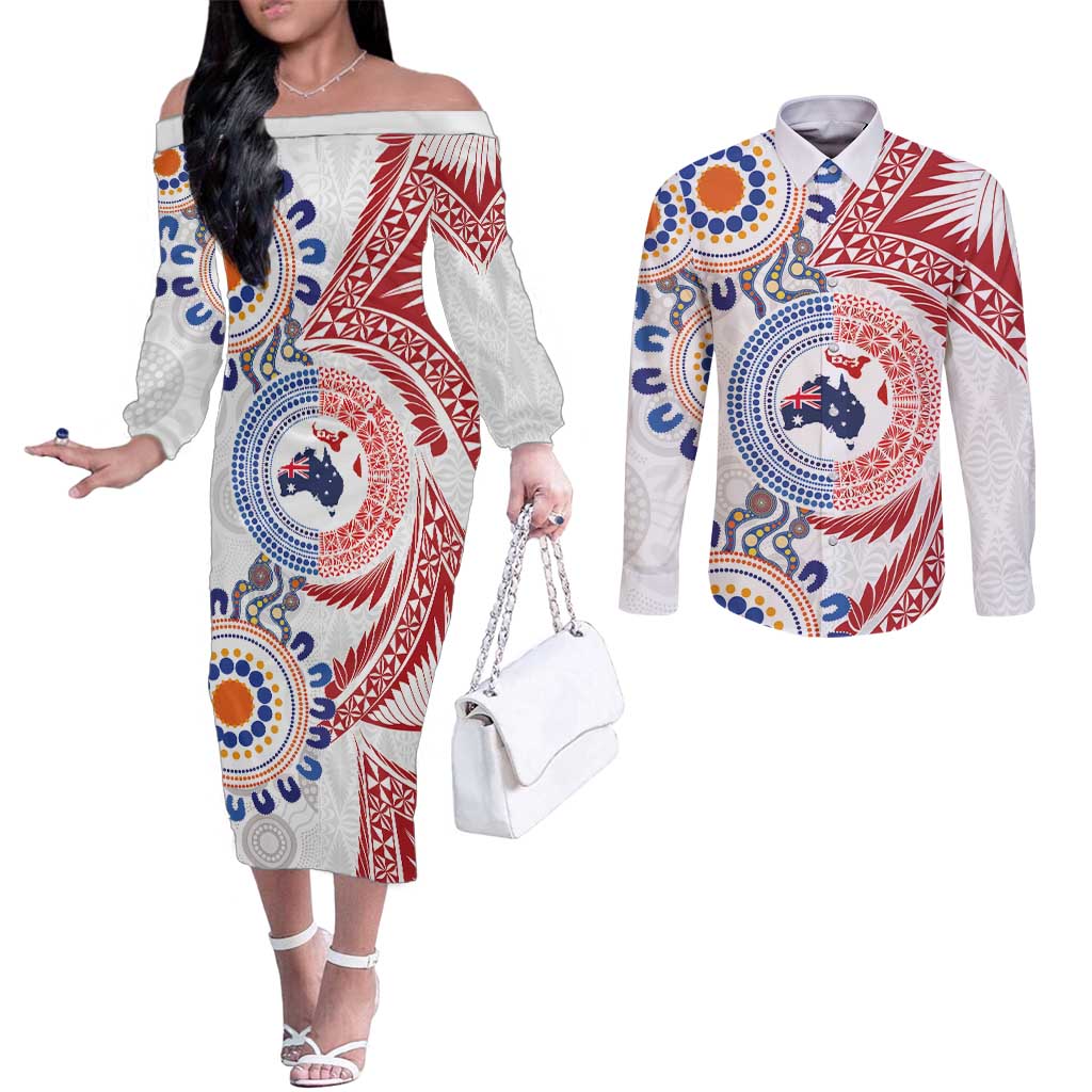 Tongan and Australian Culture Together Couples Matching Off The Shoulder Long Sleeve Dress and Long Sleeve Button Shirt Ngatu Art Tribal Aboriginal Tattoo Pattern - Polynesian Pride