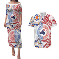 Tongan and Australian Culture Together Couples Matching Puletasi and Hawaiian Shirt Ngatu Art Tribal Aboriginal Tattoo Pattern LT03 White - Polynesian Pride