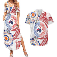 Tongan and Australian Culture Together Couples Matching Summer Maxi Dress and Hawaiian Shirt Ngatu Art Tribal Aboriginal Tattoo Pattern LT03 White - Polynesian Pride