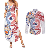 Tongan and Australian Culture Together Couples Matching Summer Maxi Dress and Long Sleeve Button Shirt Ngatu Art Tribal Aboriginal Tattoo Pattern LT03 White - Polynesian Pride