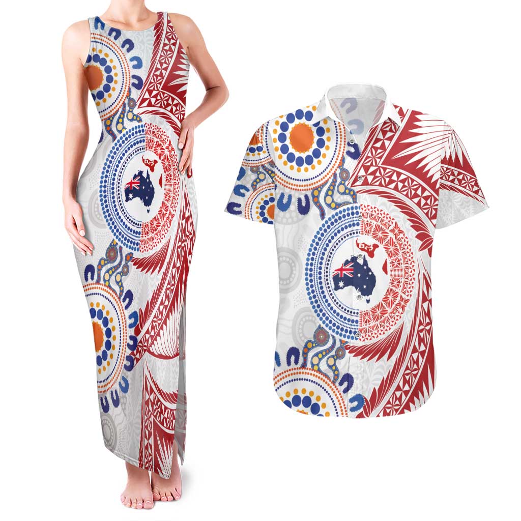 Tongan and Australian Culture Together Couples Matching Tank Maxi Dress and Hawaiian Shirt Ngatu Art Tribal Aboriginal Tattoo Pattern - Polynesian Pride