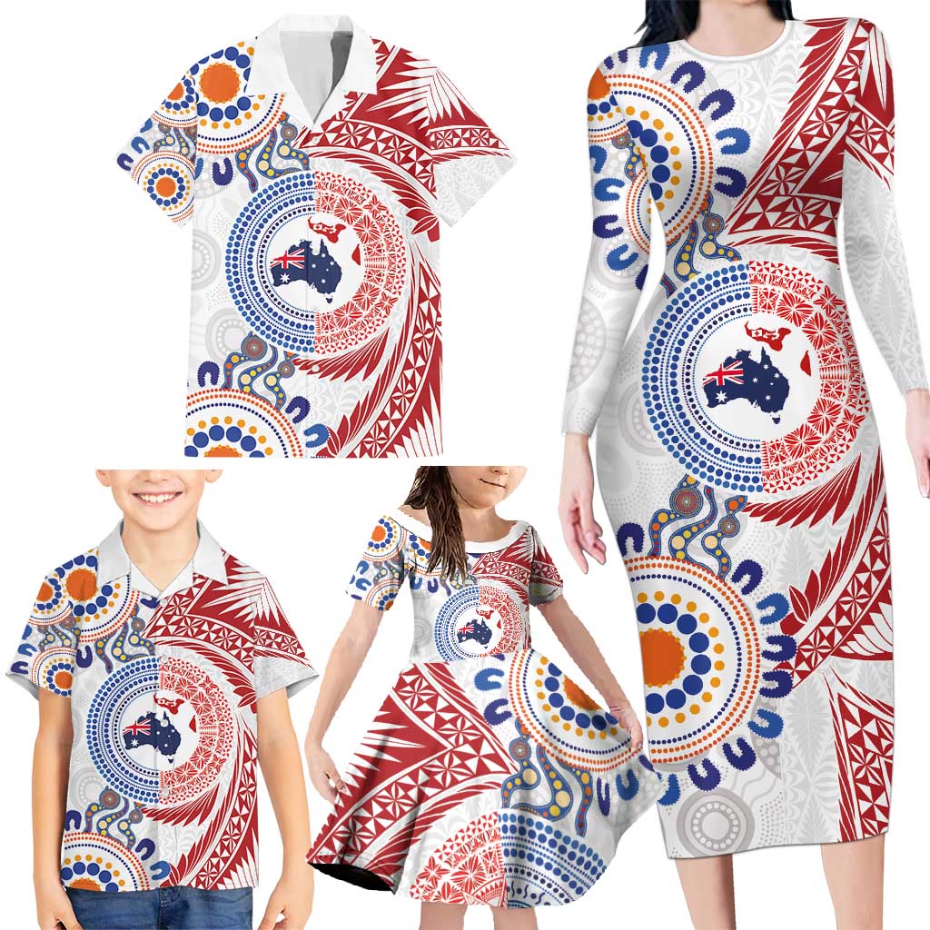 Tongan and Australian Culture Together Family Matching Long Sleeve Bodycon Dress and Hawaiian Shirt Ngatu Art Tribal Aboriginal Tattoo Pattern LT03 - Polynesian Pride