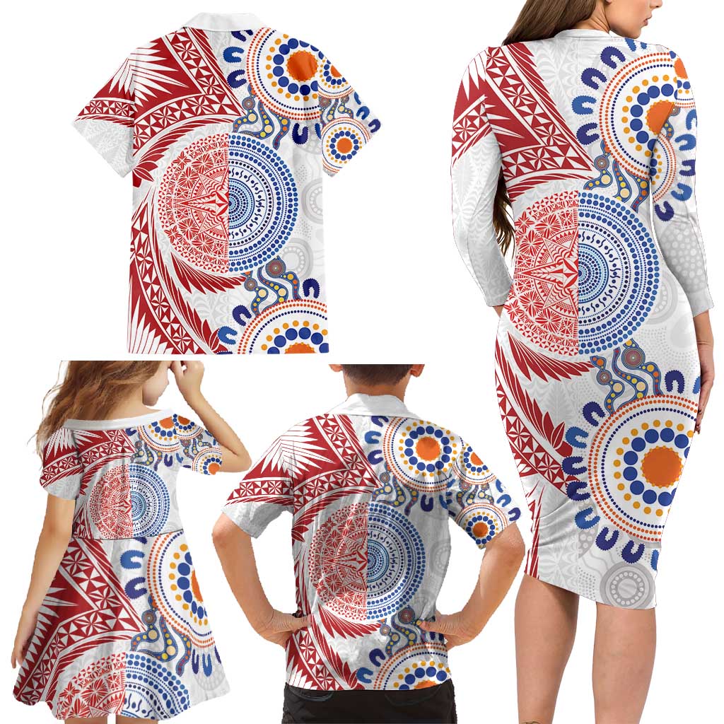 Tongan and Australian Culture Together Family Matching Long Sleeve Bodycon Dress and Hawaiian Shirt Ngatu Art Tribal Aboriginal Tattoo Pattern LT03 - Polynesian Pride
