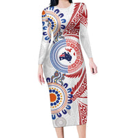 Tongan and Australian Culture Together Family Matching Long Sleeve Bodycon Dress and Hawaiian Shirt Ngatu Art Tribal Aboriginal Tattoo Pattern LT03 Mom's Dress White - Polynesian Pride