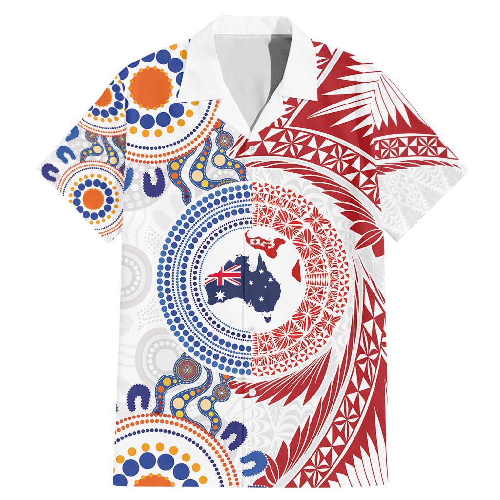 Tongan and Australian Culture Together Family Matching Mermaid Dress and Hawaiian Shirt Ngatu Art Tribal Aboriginal Tattoo Pattern LT03 Dad's Shirt - Short Sleeve White - Polynesian Pride