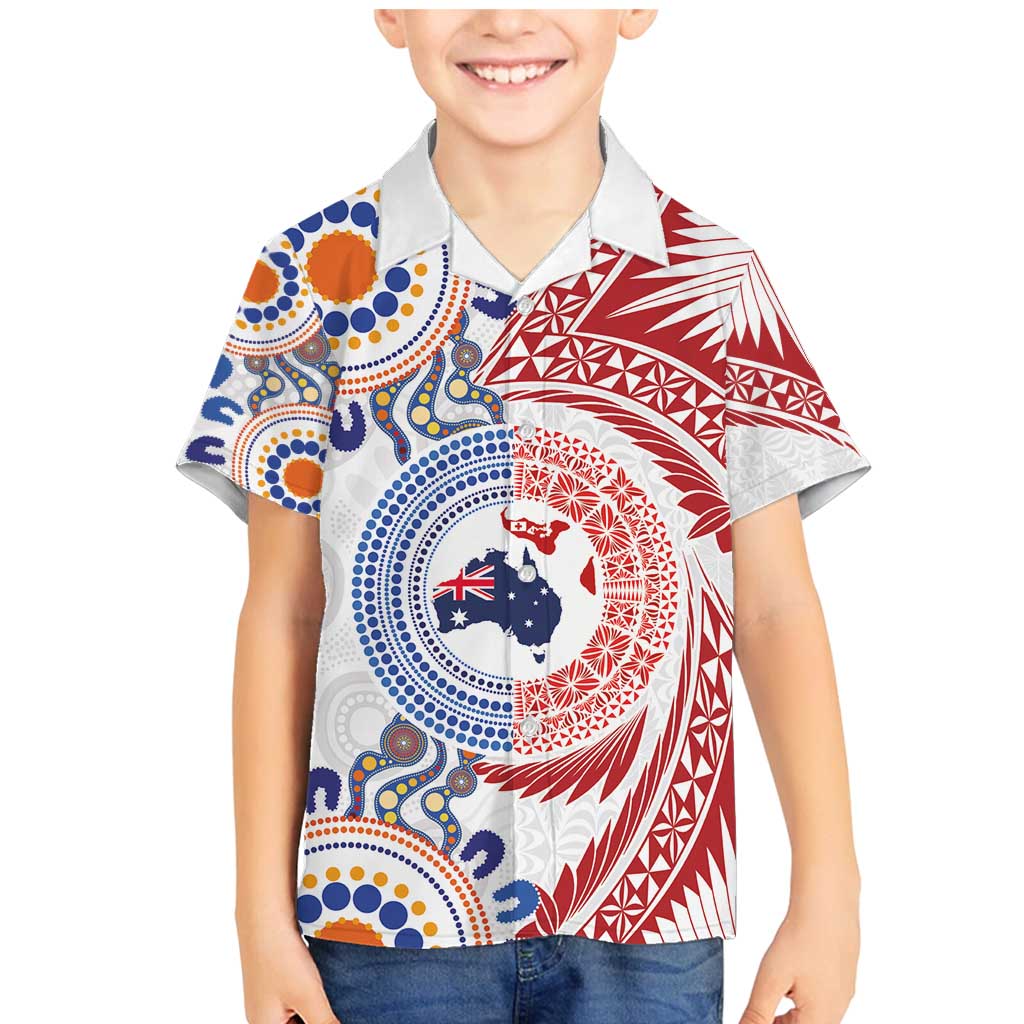 Tongan and Australian Culture Together Family Matching Mermaid Dress and Hawaiian Shirt Ngatu Art Tribal Aboriginal Tattoo Pattern LT03 Son's Shirt White - Polynesian Pride