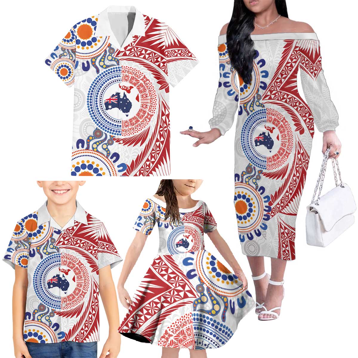 Tongan and Australian Culture Together Family Matching Off The Shoulder Long Sleeve Dress and Hawaiian Shirt Ngatu Art Tribal Aboriginal Tattoo Pattern LT03 - Polynesian Pride