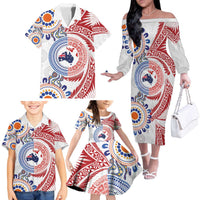 Tongan and Australian Culture Together Family Matching Off The Shoulder Long Sleeve Dress and Hawaiian Shirt Ngatu Art Tribal Aboriginal Tattoo Pattern LT03 - Polynesian Pride