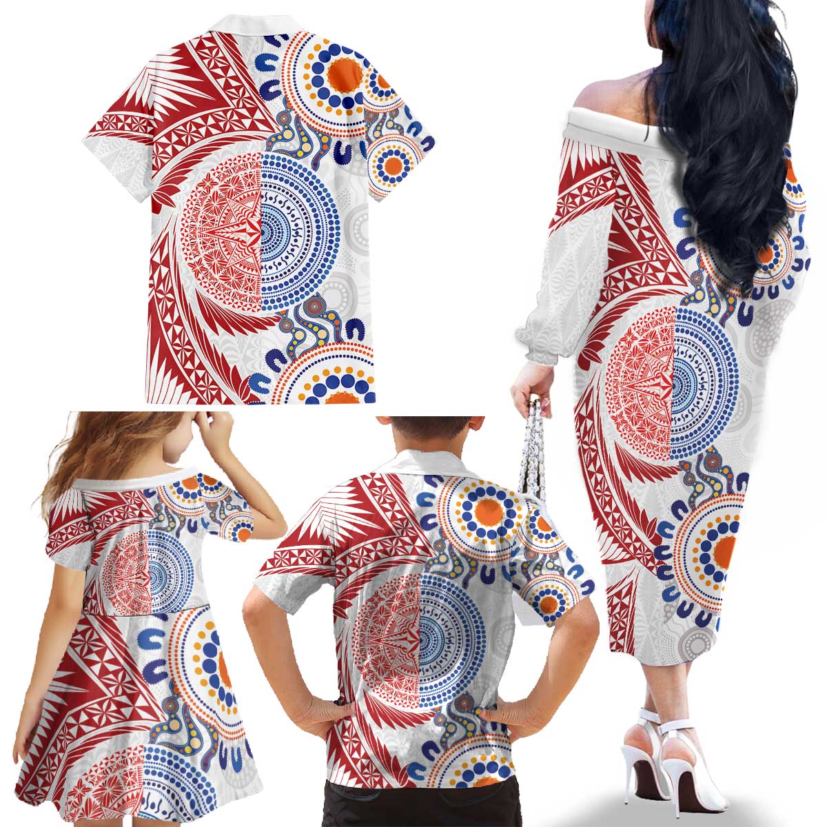 Tongan and Australian Culture Together Family Matching Off The Shoulder Long Sleeve Dress and Hawaiian Shirt Ngatu Art Tribal Aboriginal Tattoo Pattern LT03 - Polynesian Pride