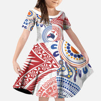 Tongan and Australian Culture Together Family Matching Off Shoulder Maxi Dress and Hawaiian Shirt Ngatu Art Tribal Aboriginal Tattoo Pattern LT03 Daughter's Dress White - Polynesian Pride