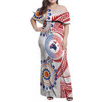 Tongan and Australian Culture Together Family Matching Off Shoulder Maxi Dress and Hawaiian Shirt Ngatu Art Tribal Aboriginal Tattoo Pattern LT03 Mom's Dress White - Polynesian Pride