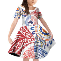 Tongan and Australian Culture Together Family Matching Off Shoulder Short Dress and Hawaiian Shirt Ngatu Art Tribal Aboriginal Tattoo Pattern LT03 Daughter's Dress White - Polynesian Pride