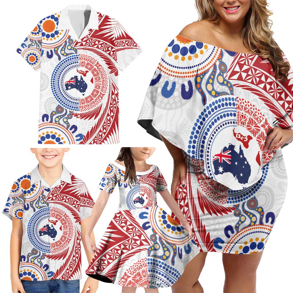 Tongan and Australian Culture Together Family Matching Off Shoulder Short Dress and Hawaiian Shirt Ngatu Art Tribal Aboriginal Tattoo Pattern LT03 - Polynesian Pride