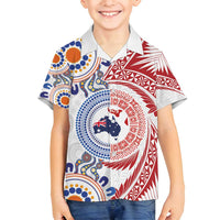 Tongan and Australian Culture Together Family Matching Off Shoulder Short Dress and Hawaiian Shirt Ngatu Art Tribal Aboriginal Tattoo Pattern LT03 Son's Shirt White - Polynesian Pride