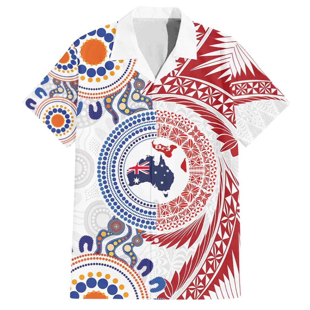 Tongan and Australian Culture Together Family Matching Puletasi and Hawaiian Shirt Ngatu Art Tribal Aboriginal Tattoo Pattern LT03 Dad's Shirt - Short Sleeve White - Polynesian Pride