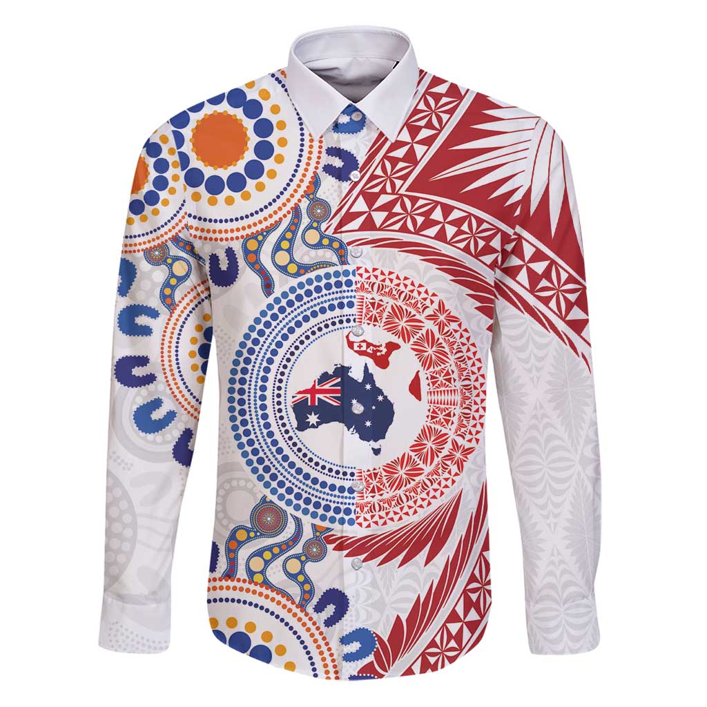 Tongan and Australian Culture Together Family Matching Puletasi and Hawaiian Shirt Ngatu Art Tribal Aboriginal Tattoo Pattern LT03 Dad's Shirt - Long Sleeve White - Polynesian Pride