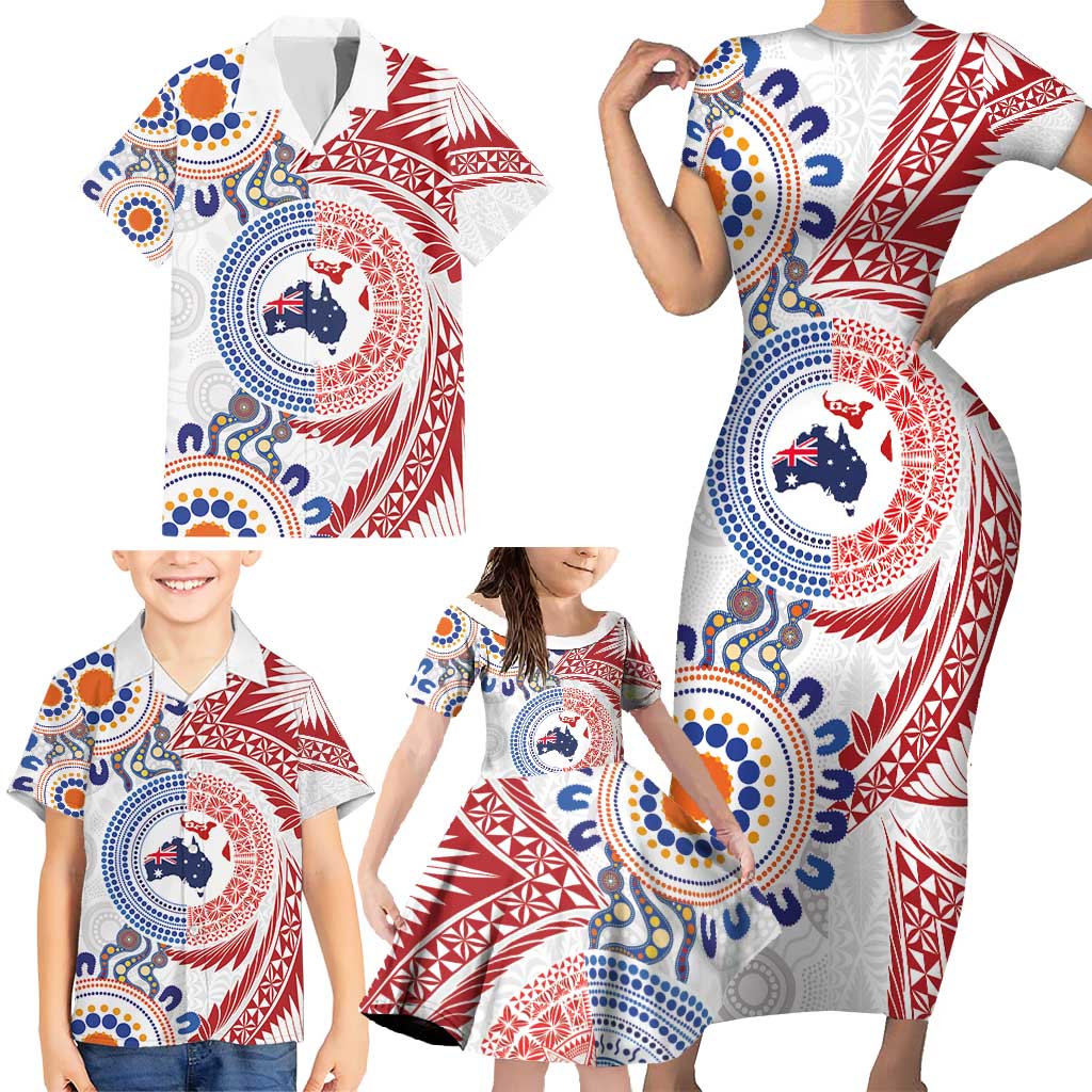 Tongan and Australian Culture Together Family Matching Short Sleeve Bodycon Dress and Hawaiian Shirt Ngatu Art Tribal Aboriginal Tattoo Pattern LT03 - Polynesian Pride