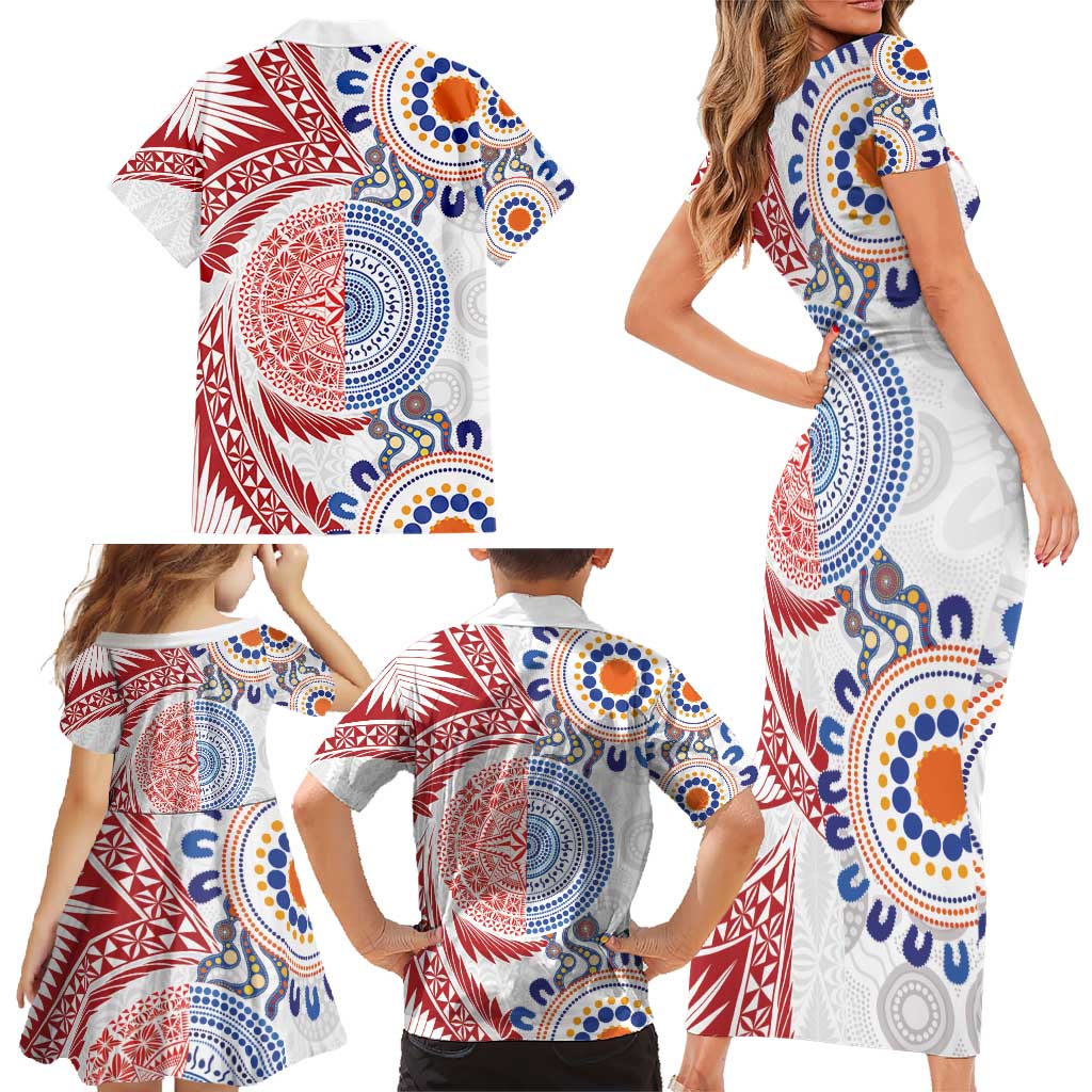 Tongan and Australian Culture Together Family Matching Short Sleeve Bodycon Dress and Hawaiian Shirt Ngatu Art Tribal Aboriginal Tattoo Pattern LT03 - Polynesian Pride
