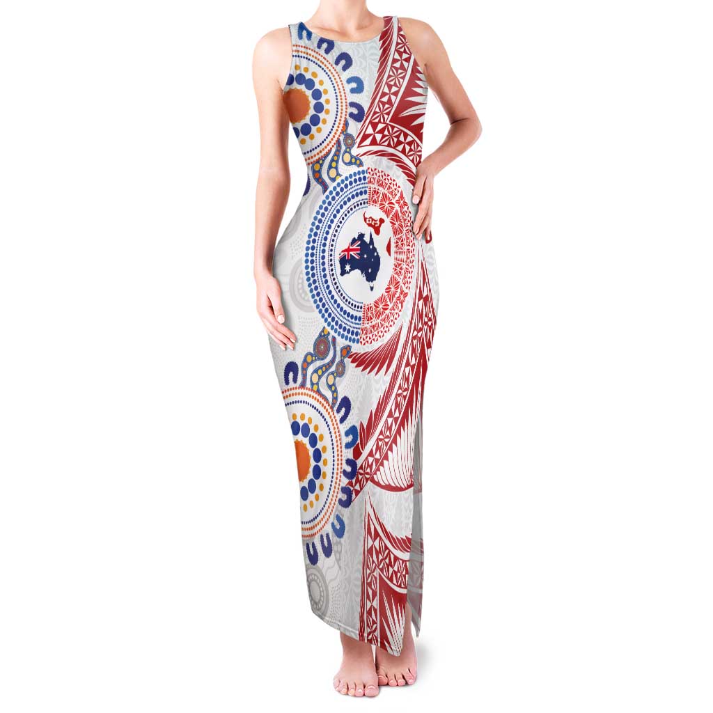 Tongan and Australian Culture Together Family Matching Tank Maxi Dress and Hawaiian Shirt Ngatu Art Tribal Aboriginal Tattoo Pattern LT03 Mom's Dress White - Polynesian Pride