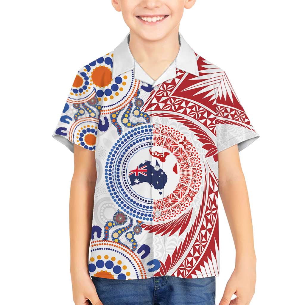Tongan and Australian Culture Together Family Matching Tank Maxi Dress and Hawaiian Shirt Ngatu Art Tribal Aboriginal Tattoo Pattern LT03 Son's Shirt White - Polynesian Pride