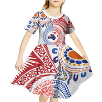 Tongan and Australian Culture Together Kid Short Sleeve Dress Ngatu Art Tribal Aboriginal Tattoo Pattern - Polynesian Pride
