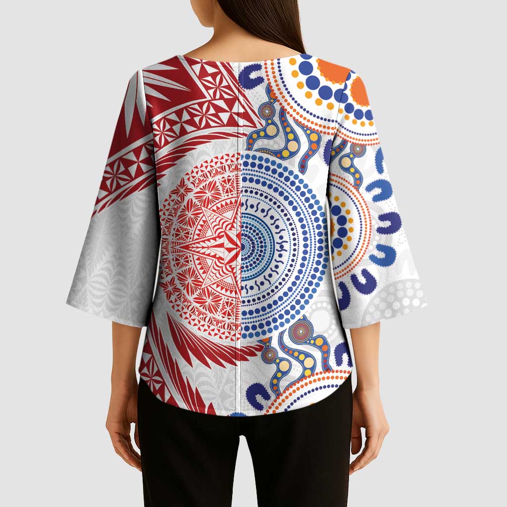 Tongan and Australian Culture Together Kimono Sleeve Blouse Ngatu Art Tribal Aboriginal Tattoo Pattern - Polynesian Pride