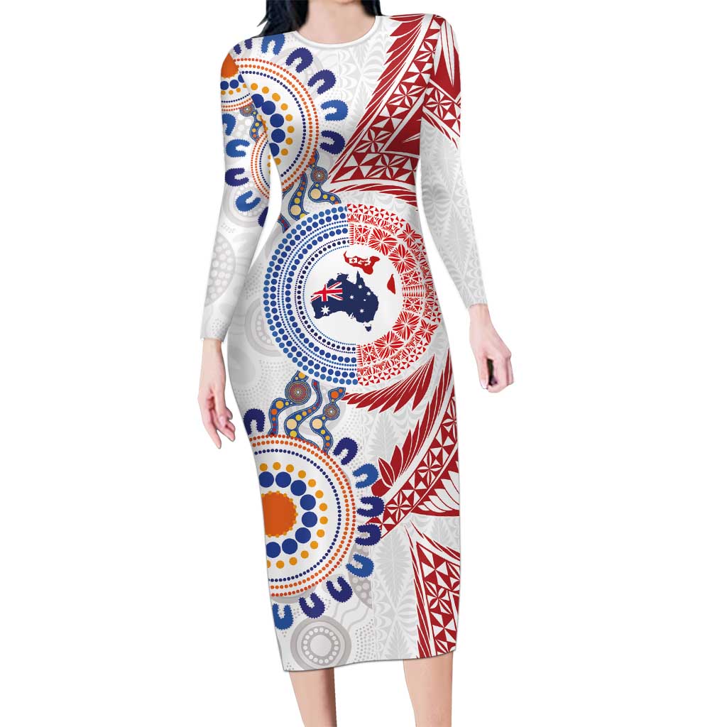 Tongan and Australian Culture Together Long Sleeve Bodycon Dress Ngatu Art Tribal Aboriginal Tattoo Pattern LT03 Long Dress White - Polynesian Pride