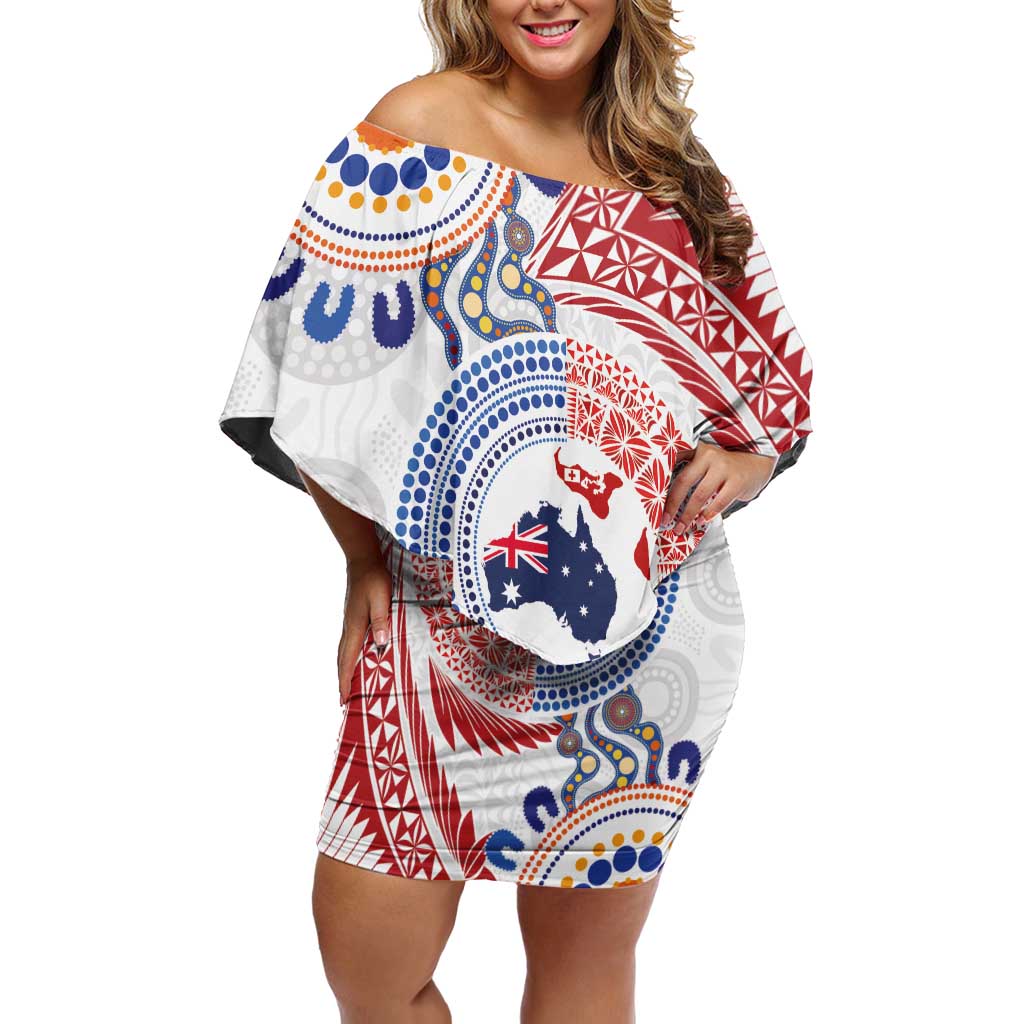 Tongan and Australian Culture Together Off Shoulder Short Dress Ngatu Art Tribal Aboriginal Tattoo Pattern LT03 Women White - Polynesian Pride