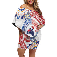 Tongan and Australian Culture Together Off Shoulder Short Dress Ngatu Art Tribal Aboriginal Tattoo Pattern LT03 Women White - Polynesian Pride