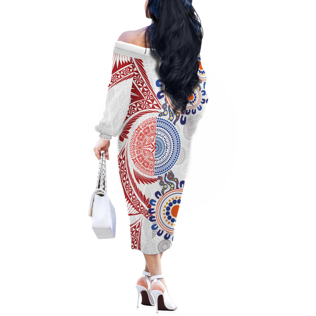 Tongan and Australian Culture Together Off The Shoulder Long Sleeve Dress Ngatu Art Tribal Aboriginal Tattoo Pattern LT03 - Polynesian Pride