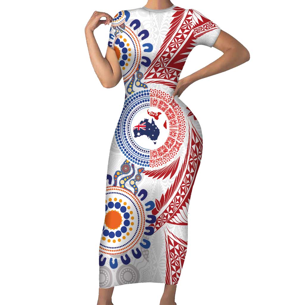 Tongan and Australian Culture Together Short Sleeve Bodycon Dress Ngatu Art Tribal Aboriginal Tattoo Pattern LT03 Long Dress White - Polynesian Pride