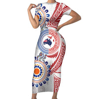 Tongan and Australian Culture Together Short Sleeve Bodycon Dress Ngatu Art Tribal Aboriginal Tattoo Pattern LT03 Long Dress White - Polynesian Pride