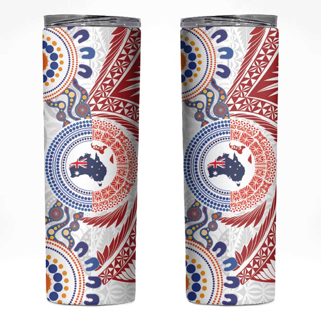 Tongan and Australian Culture Together Skinny Tumbler Ngatu Art Tribal Aboriginal Tattoo Pattern LT03 White - Polynesian Pride