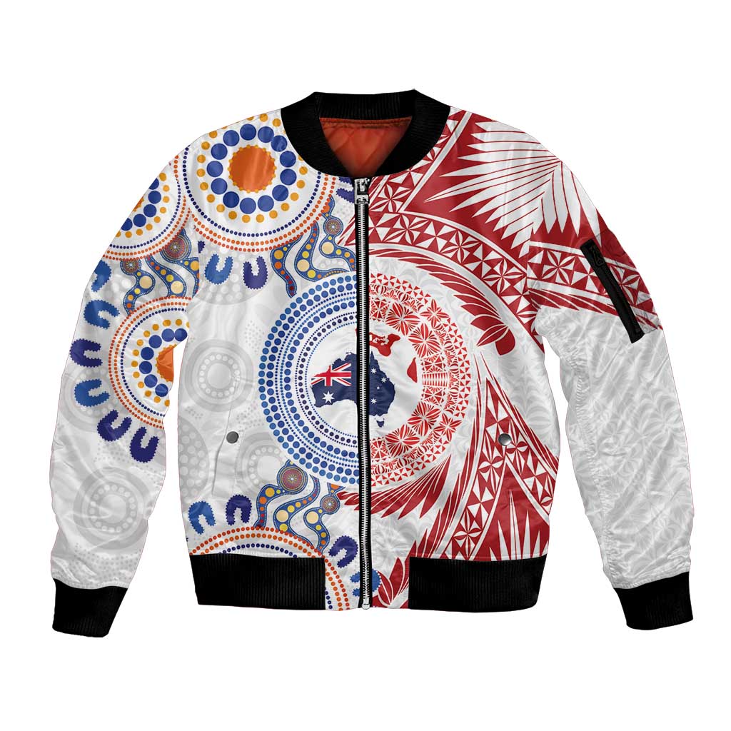 Tongan and Australian Culture Together Sleeve Zip Bomber Jacket Ngatu Art Tribal Aboriginal Tattoo Pattern - Polynesian Pride