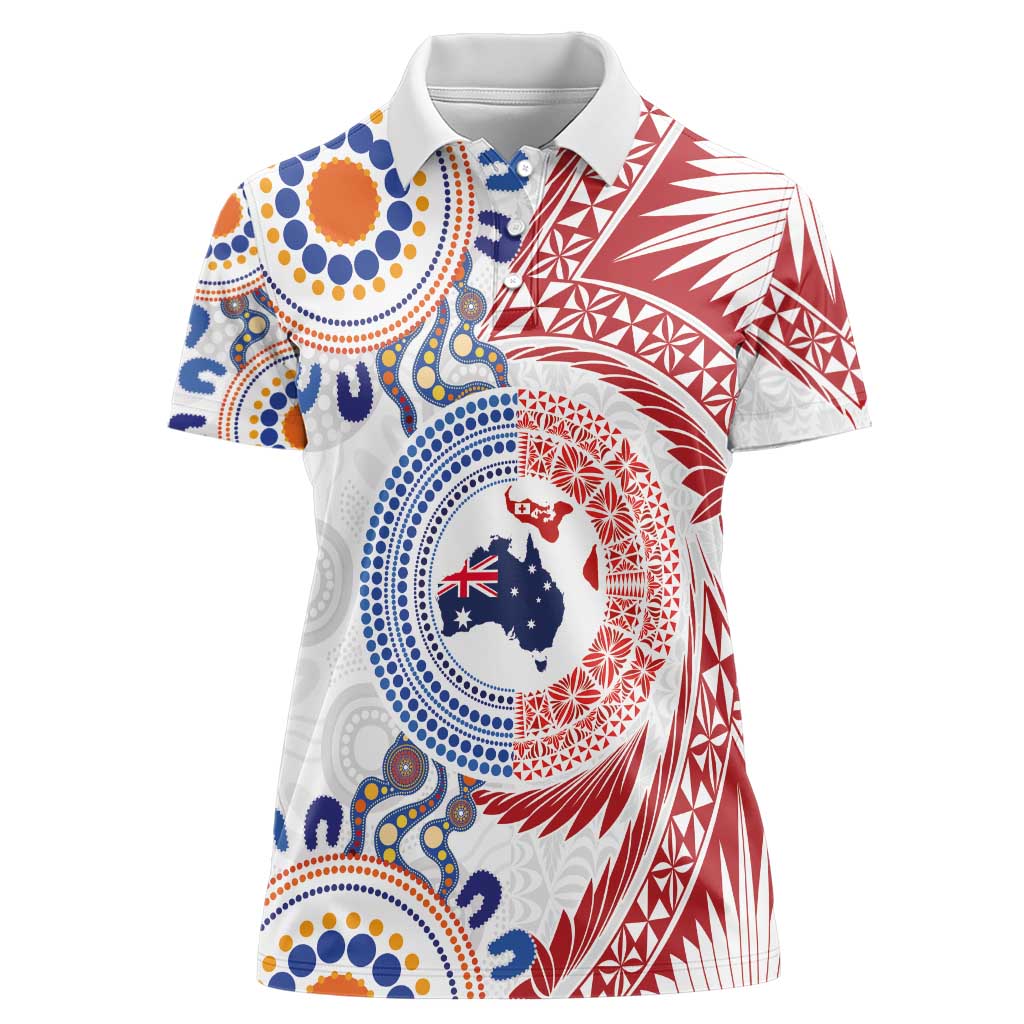 Tongan and Australian Culture Together Women Polo Shirt Ngatu Art Tribal Aboriginal Tattoo Pattern LT03 Female White - Polynesian Pride