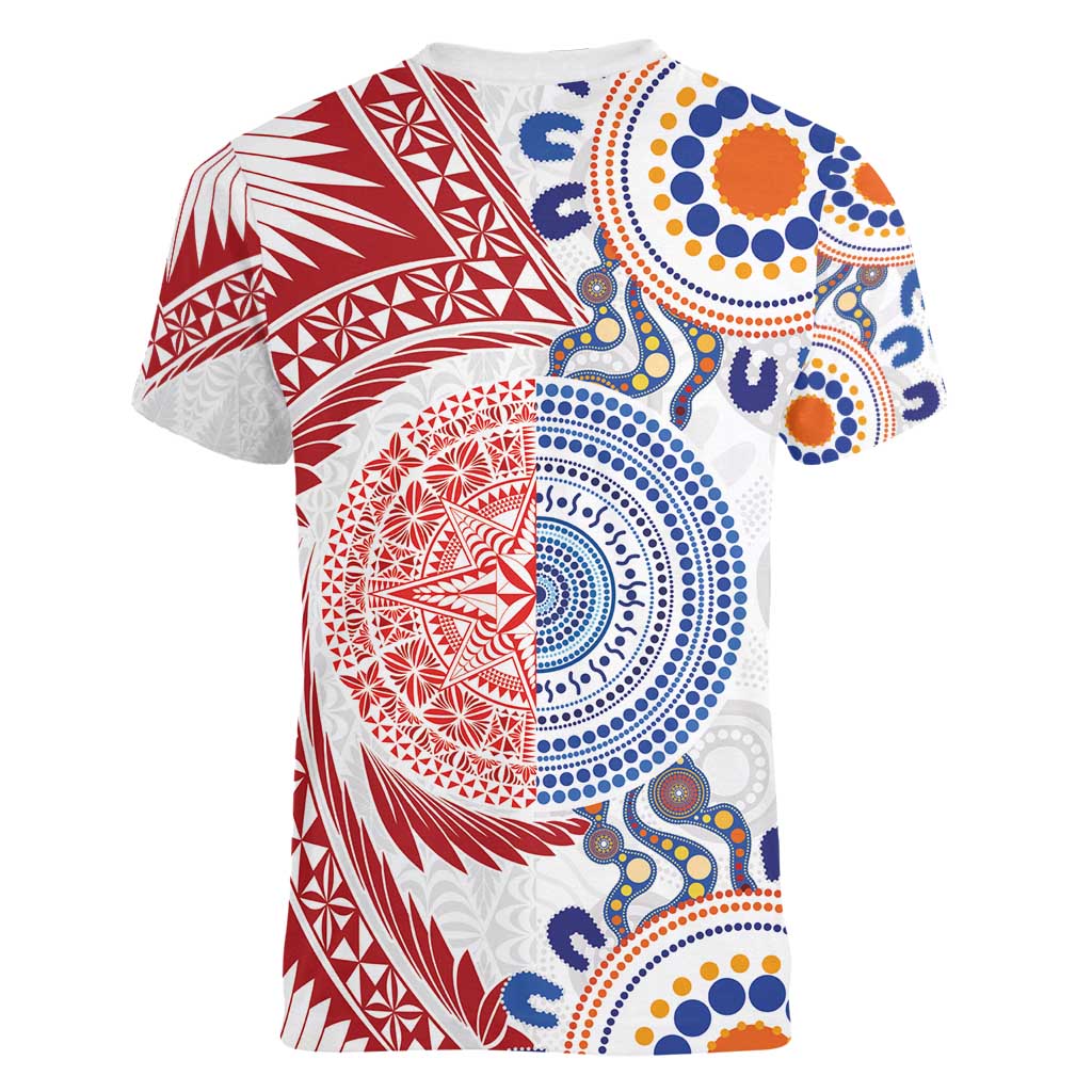 Tongan and Australian Culture Together Women V-Neck T-Shirt Ngatu Art Tribal Aboriginal Tattoo Pattern LT03 - Polynesian Pride