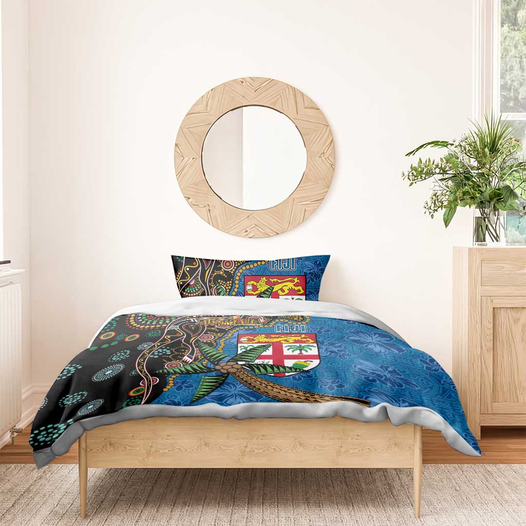 Fijian and Australian Culture Together Bedding Set Aboriginal Art and Tapa Motifs with Kangaroo and Palm Tree - Polynesian Pride