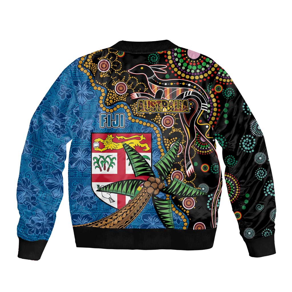 Fijian and Australian Culture Together Bomber Jacket Aboriginal Art and Tapa Motifs with Kangaroo and Palm Tree - Polynesian Pride