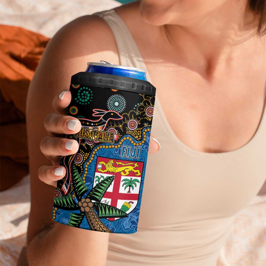 Fijian and Australian Culture Together 4 in 1 Can Cooler Tumbler Aboriginal Art and Tapa Motifs with Kangaroo and Palm Tree LT03 - Polynesian Pride