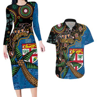 Fijian and Australian Culture Together Couples Matching Long Sleeve Bodycon Dress and Hawaiian Shirt Aboriginal Art and Tapa Motifs with Kangaroo and Palm Tree LT03 Black - Polynesian Pride